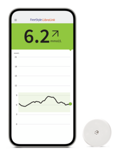 A phone screen showing a person’s glucose trend with a FreeStyle Libre sensor next to it.