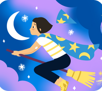 Illustration of a person riding a broomstick through a starry night sky, wearing a CGM sensor on the upper arm.