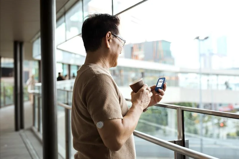 Person holding a Libre reader displaying glucose data while wearing a continuous glucose monitoring sensor on the arm