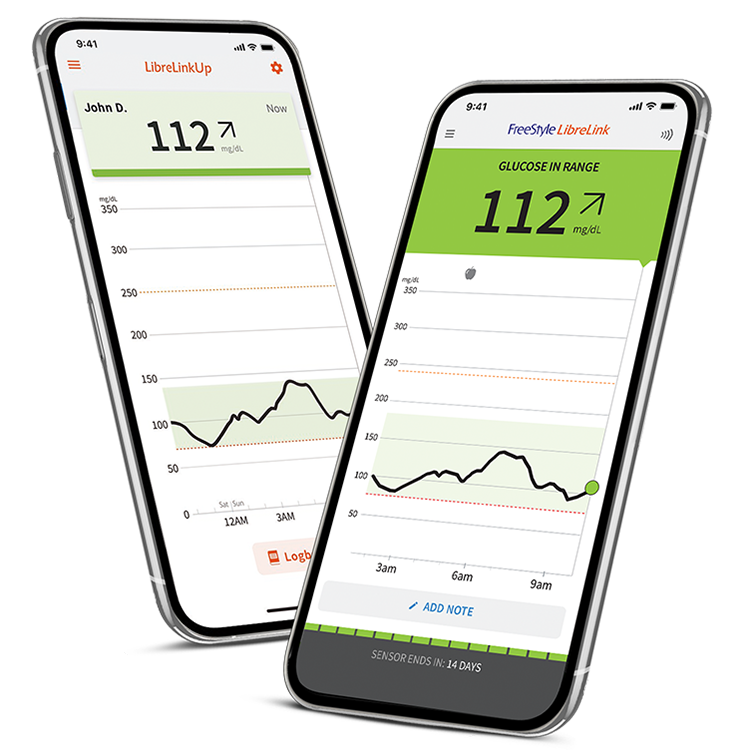 Two side-by-side phones displaying the LibreLinkUp app.