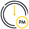 Clock icon with highlighted PM indicator, representing lunch, afternoon, or daytime meal time.
