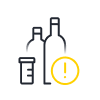 Line icon of beverage bottles and a glass with an exclamation mark, representing alcohol use or drinking warning.