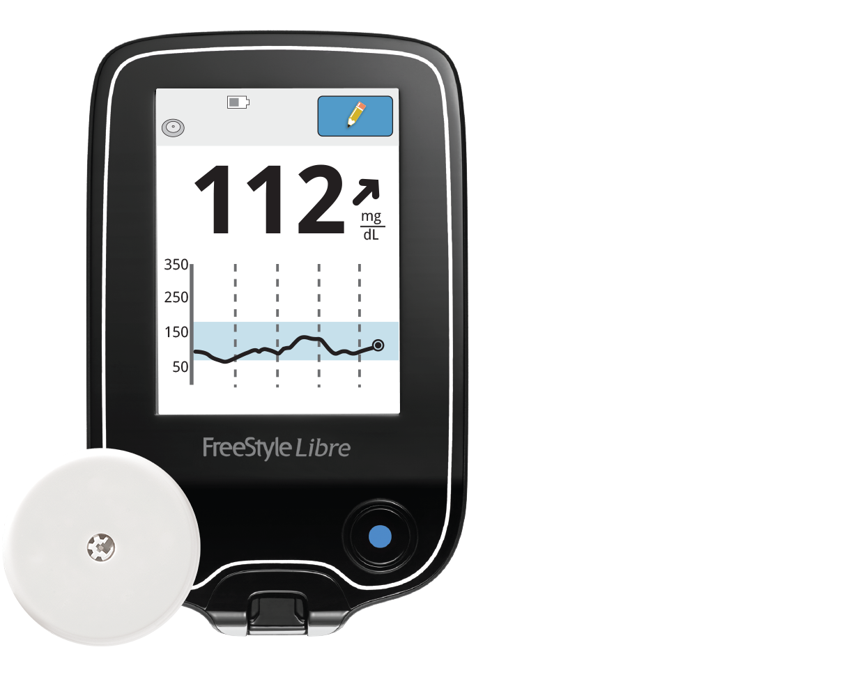 A phone screen showing a person’s glucose trend with a FreeStyle Libre sensor next to it.