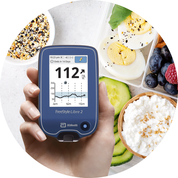 đầu đọc hiển thị biểu đồ glucose cạnh các loại thực phẩm như trứng luộc, dưa leo, việt quất và phô mai tươi