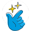 Illustration of a blue hand making a finger-heart gesture with sparkles, symbolizing kids approved.