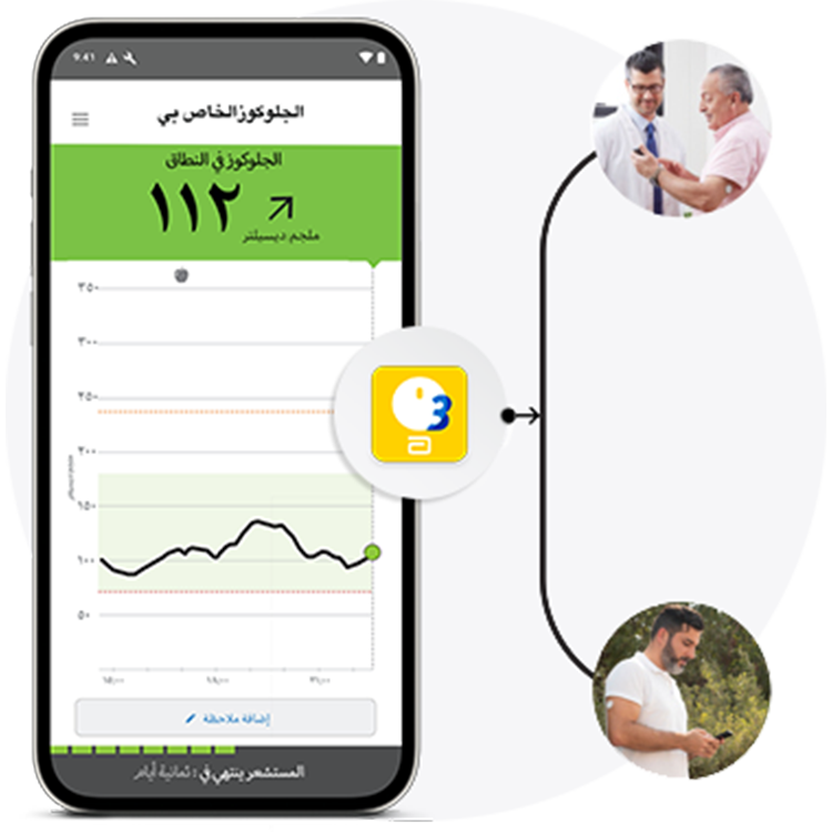 Smartphone screen with glucose reading.
