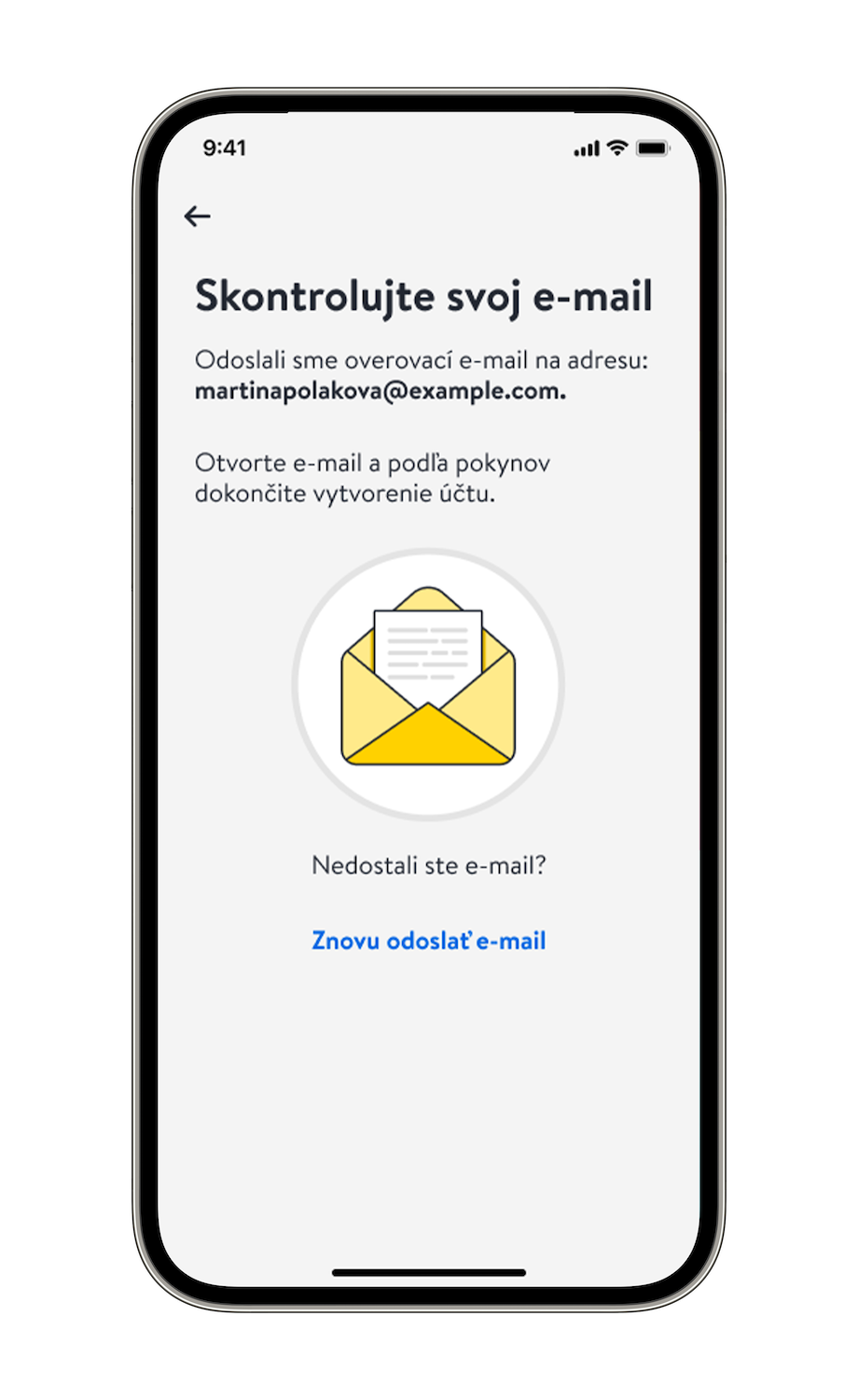 Obrazovka aplikácie s výzvou „Skontrolujte svoj e-mail“ na dokončenie vytvorenia účtu. Uprostred je ikona žltej obálky.