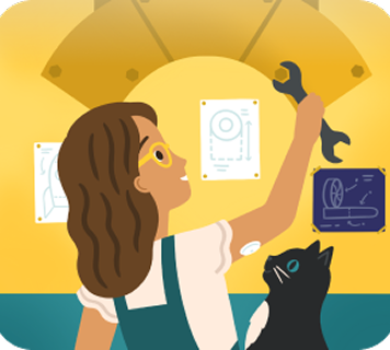 Illustration of a person holding a wrench in a workshop, with a CGM sensor on the upper arm and a black cat nearby.