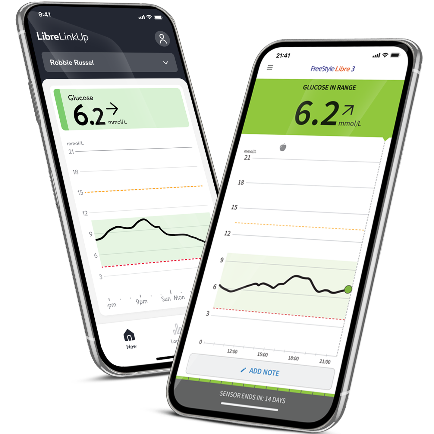 Two phones displaying app data