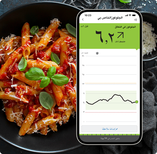  A healthy plate of pasta and marinara sauce. Above the plate is a phone showing a glucose spike on the FreeStyle Libre app.