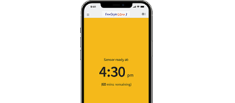 A yellow butterfly and text below it indicating that the FreeStyle Libre can be used after 60 minutes.