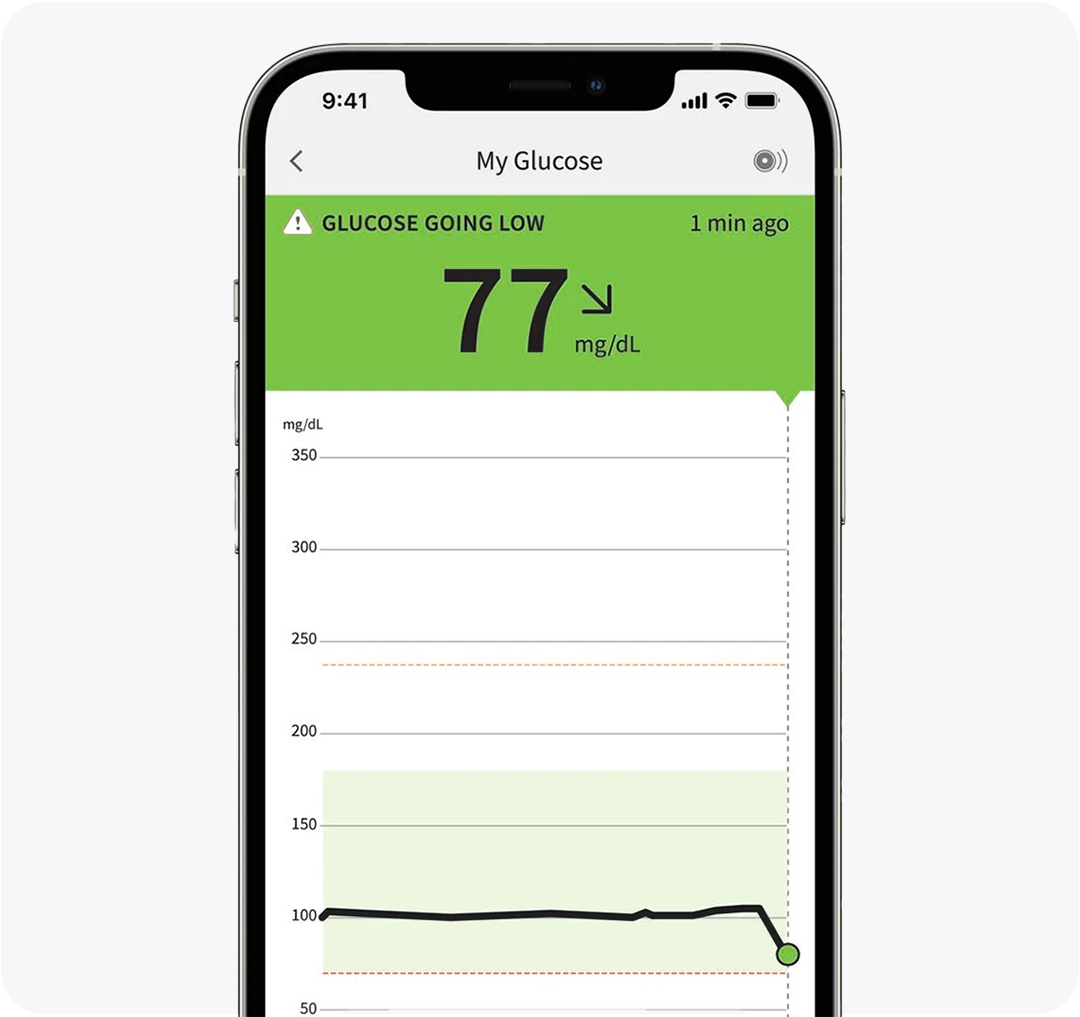 FreeStyle Libre reader and a visual showing the direction of change for a glucose reading.