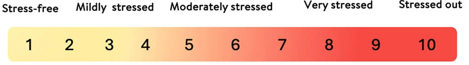 Color-coded stress rating scale from 1 to 10, ranging from stress-free to stressed out.