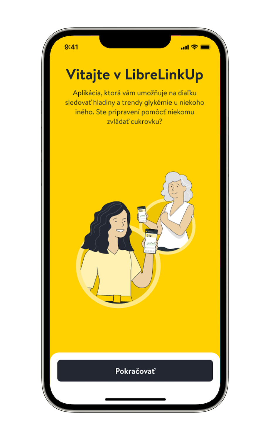Žltá úvodná obrazovka aplikácie LibreLinkUp s ilustráciou dvoch žien držiacich mobilné telefóny a tlačidlom Pokračovať.