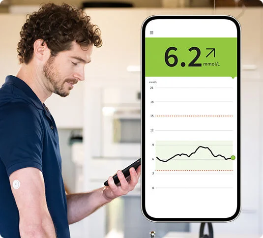 A man wearing a FreeStyle Libre sensor looking at his app next to an inset image of the smartphone app screen.