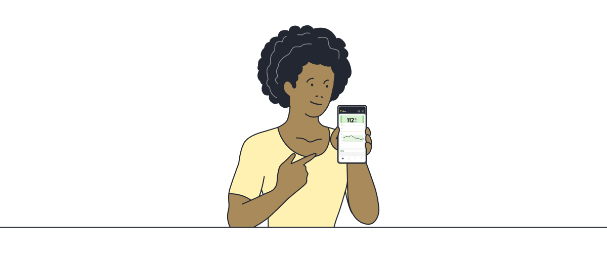 Illustration of a person pointing to a smartphone displaying the FreeStyle Libre app.