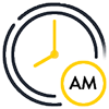 Clock icon with highlighted AM indicator, representing breakfast or morning meal time.