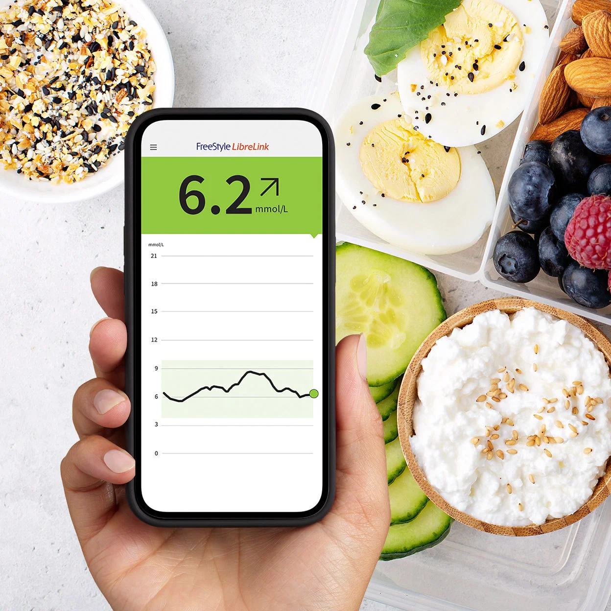 Libre app open on a smartphone with healthy diabetes snacks visible in the background.