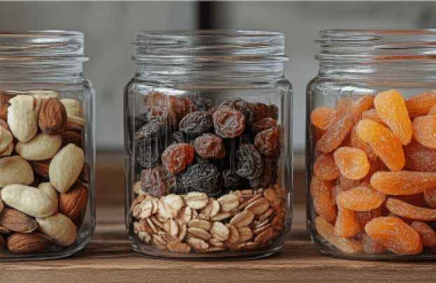 Frascos de vidrio con frutos secos, avena y frutas deshidratadas, listos para preparar aperitivos caseros.