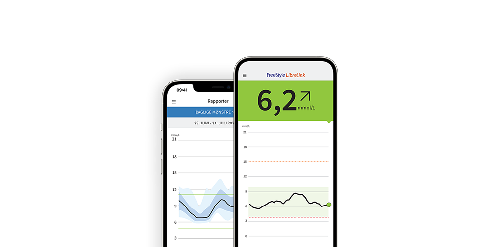 To smartphones viser FreeStyle LibreLink-app med glukosedata og grafer