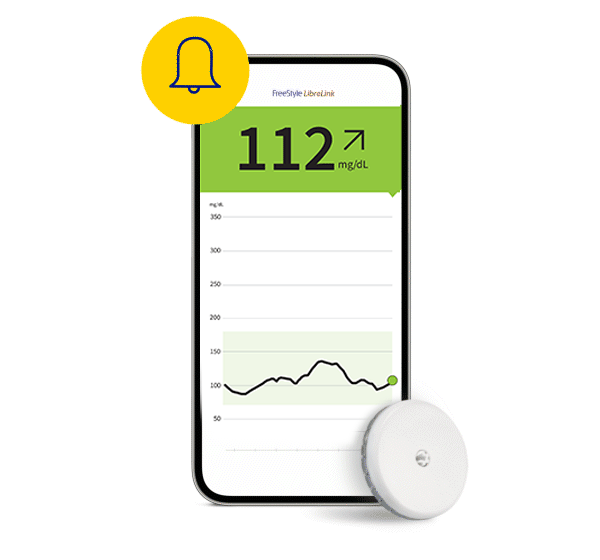 Animated FreeStyle Libre App captured on a smartphone with the FreeStyle Libre sensor next to it.