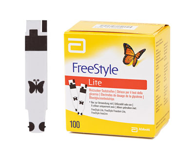 FreeStyle Lite Teststreifen und Verpackung.