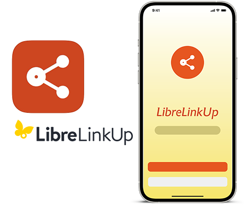 Smartphone mit Anzeige der LibreLinkUp App. Links daneben das Logo der App.