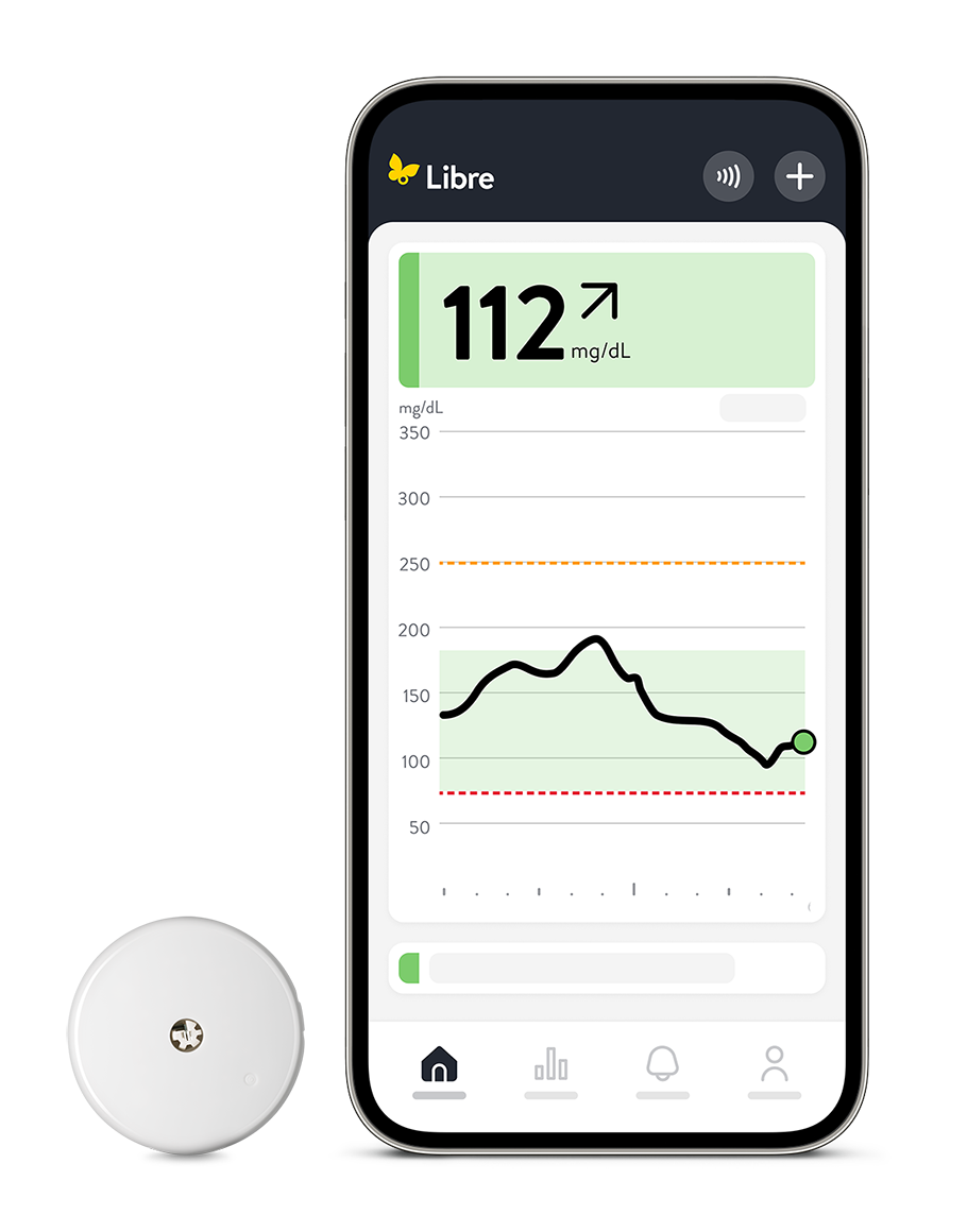 Smartphone mit Anzeige des Glukosewertes. Daneben der FreeStyle Libre 2 Sensor