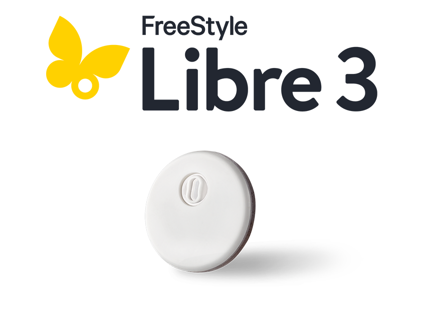 FreeStyle Libre 3 Plus Sensor und das Logo von FreeStyle Libre 3.