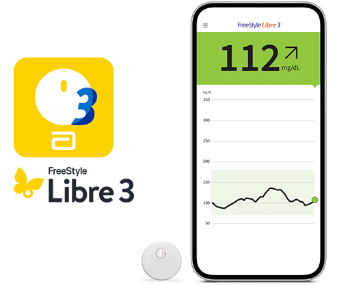 Smartphone mit Anzeige des Glukosewerts. Links daneben das Logo der FreeStyle Libre 3 App und der FreeStyle Libre 3 Plus Sensor.