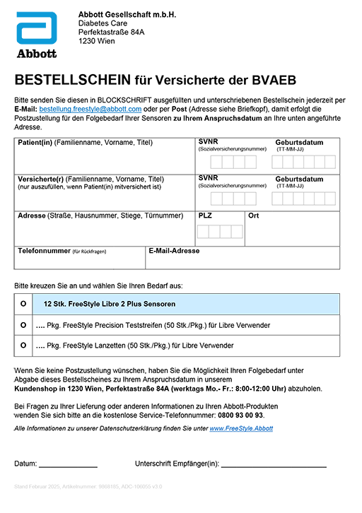BVAEB Bestellformular für FreeStyle Libre 2 Plus Sensoren 