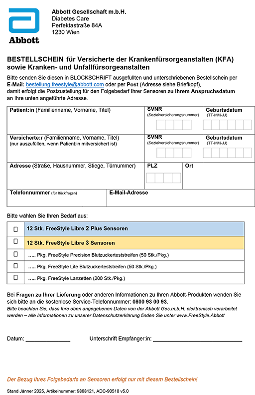 KFA Bestellformular für FreeStyle Libre 2 Plus Sensoren