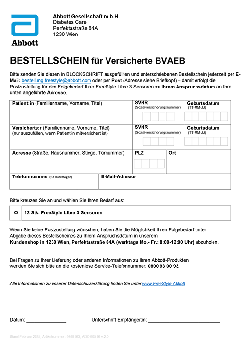 BVAEB Bestellformular für FreeStyle Libre 3 Sensoren