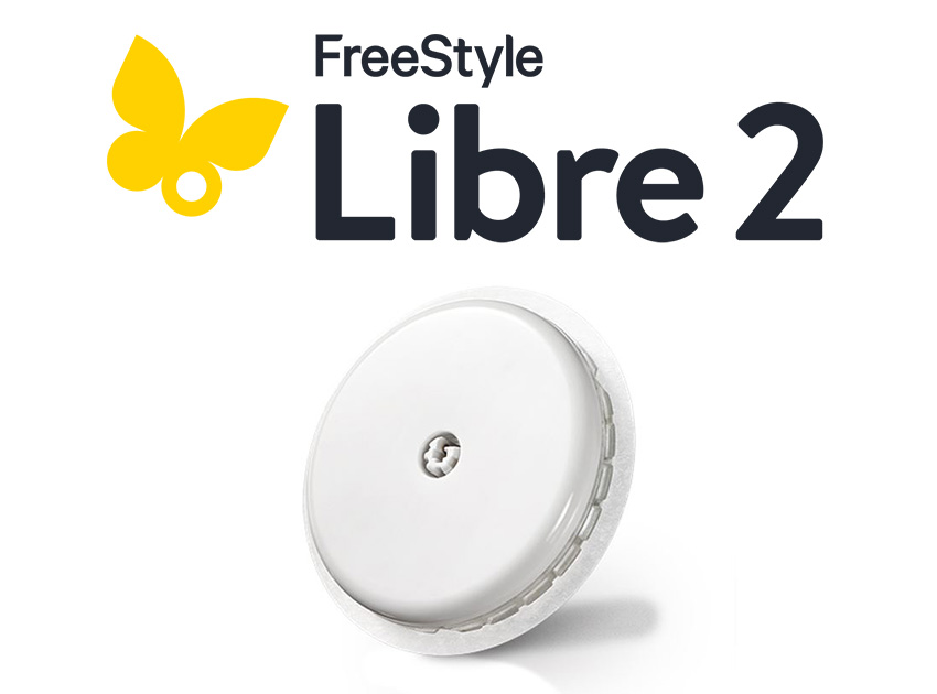 FreeStyle Libre 2 Plus Sensor und das Logo von FreeStyle Libre 2.