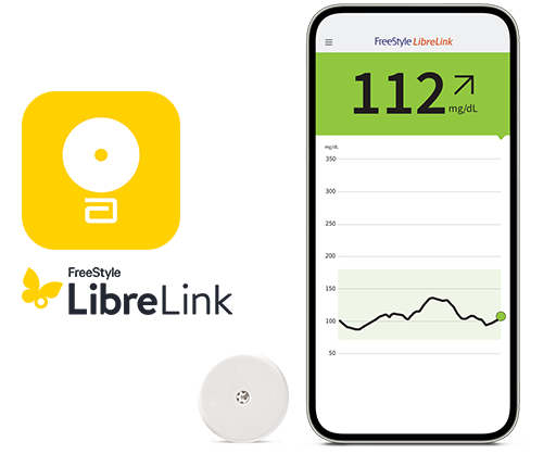 Smartphone mit Anzeige des Glukosewerts. Links daneben das Logo der FreeStyle LibreLink AppSmartphone mit Anzeige des Glukosewerts. Links daneben das Logo der FreeStyle LibreLink App und der FreeStyle Libre 2 Plus Sensor.