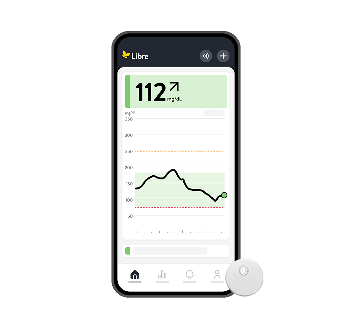 Smartphone affichant l'app Libre avec le capteur FreeStyle Libre 3