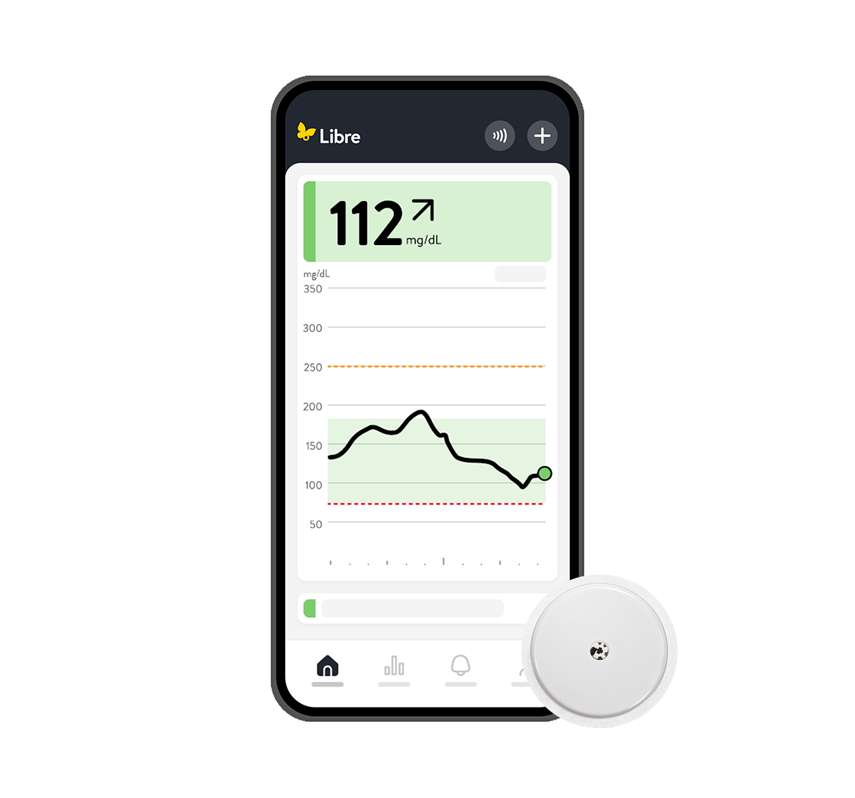 Smartphone die de glucosewaarde in de Libre-app toont