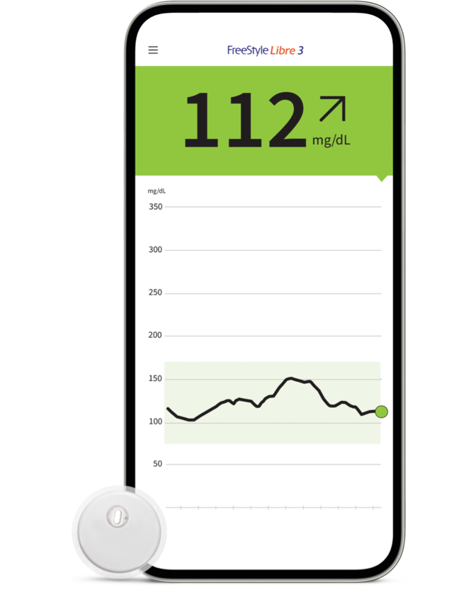 A screenshot of FreeStyle Libre 3 on a smartphone next to a FreeStyle Libre 3 sensor.