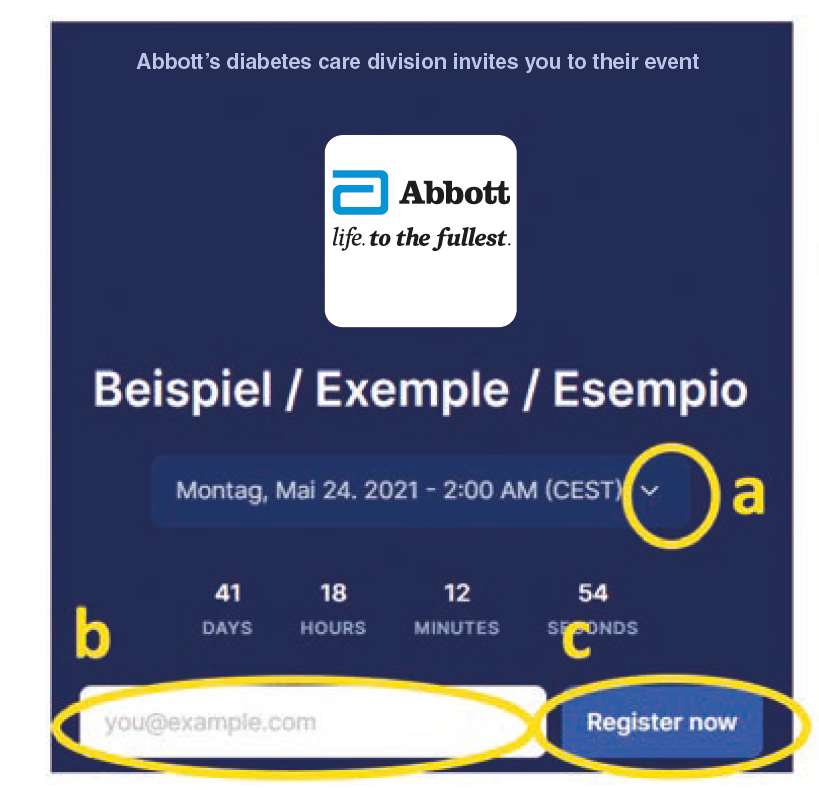Capture d’écran d’une inscription en ligne avec le logo Abbott, la date, un champ e-mail et une touche «S’inscrire maintenant»
