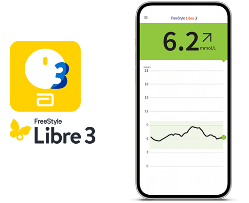 Smartphone affichant le taux de glucose. À gauche, le logo de l’application FreeStyle Libre 3.