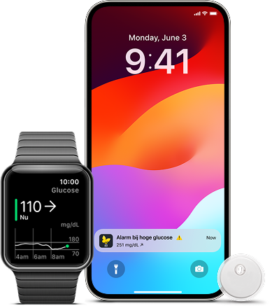 Screenshot van een melding van de FreeStyle Libre-app naast een smartwatch met een glucosegrafiek