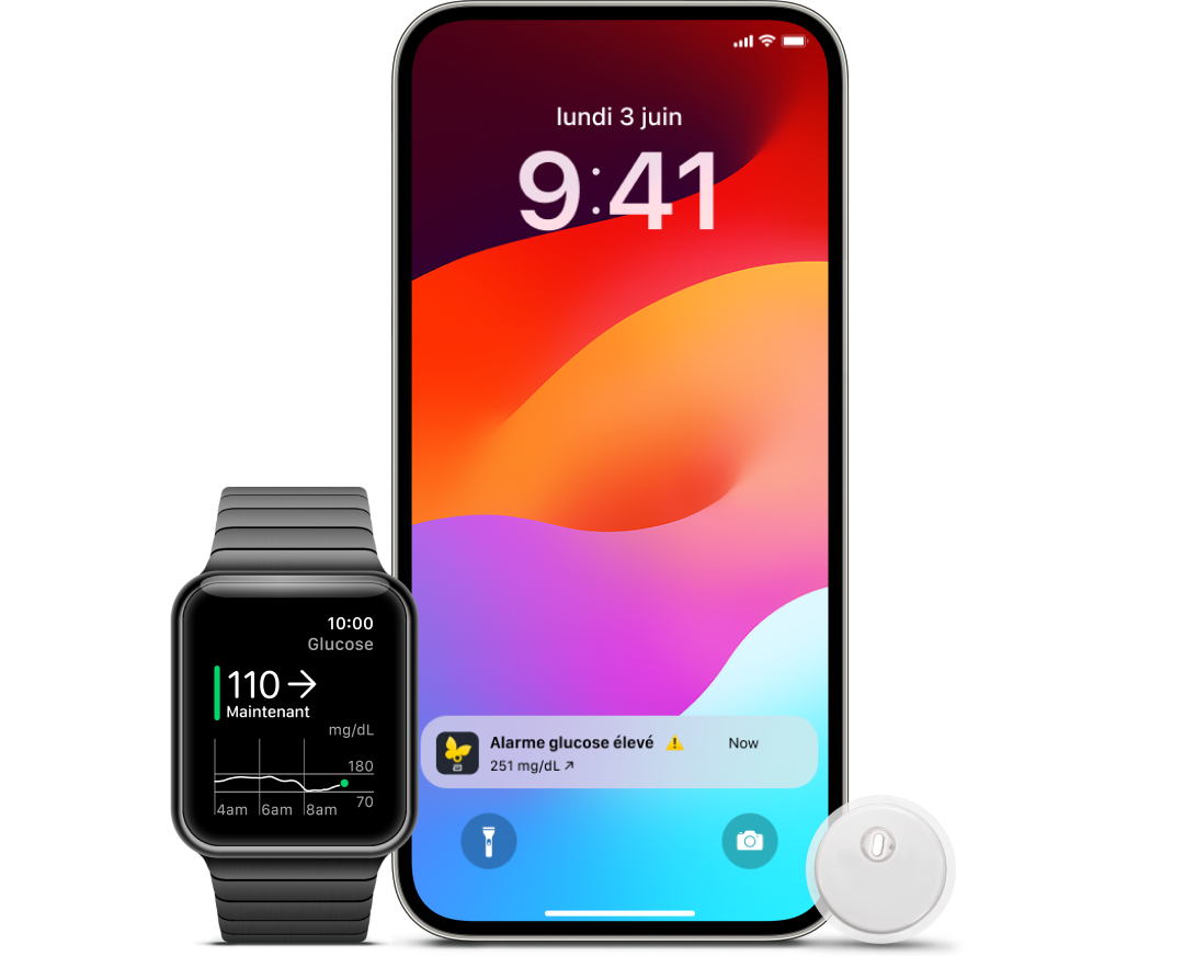 Capture d’écran de notification de l’app FreeStyle Libre à côté d’une montre connectée affichant un graphique de glucose