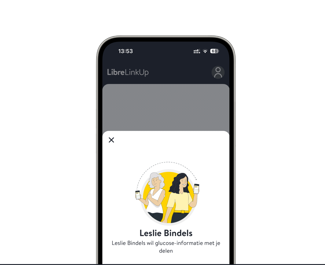 Illustratie van een telefoonscherm in de LibreLinkUp-app met een verzoek om glucosedata te delen.