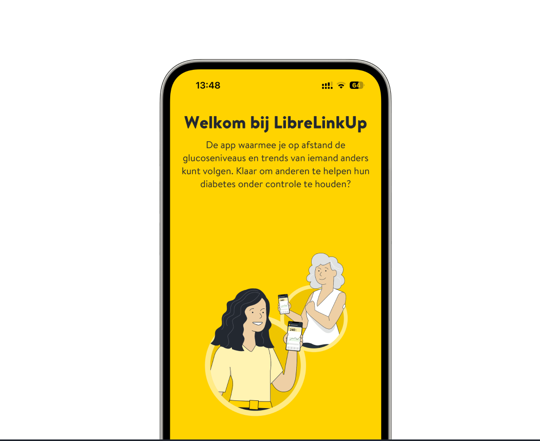 Illustratie van een telefoonscherm met het startscherm van de LibreLinkUp-app, met twee personen die een telefoon vasthouden.
