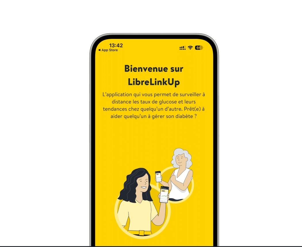 Illustration d’un écran de téléphone affichant l’écran d’accueil de l’application LibreLinkUp, avec deux personnes tenant un téléphone.