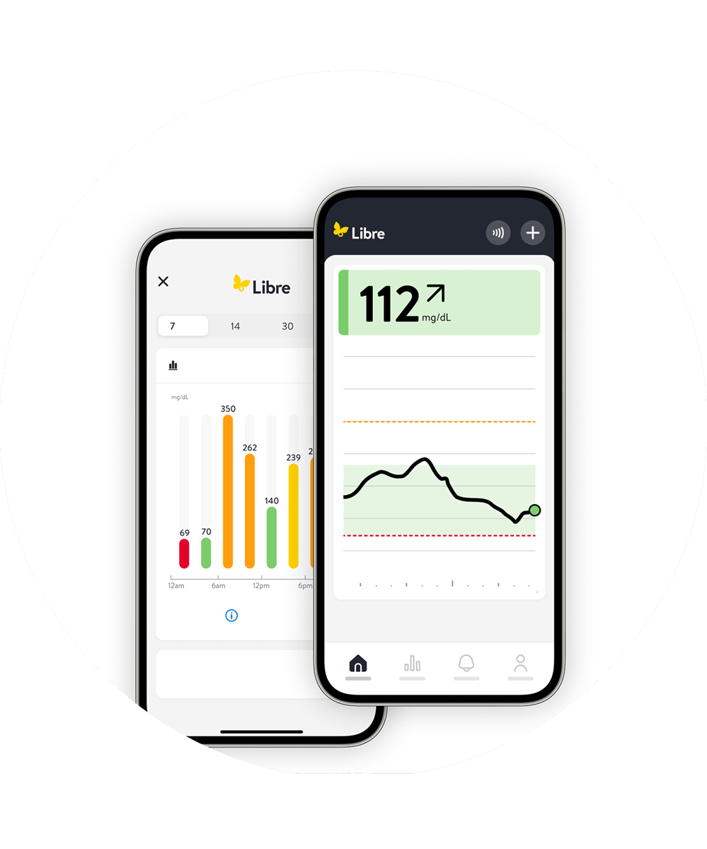 Captures d'écran de l'app Libre montrant des données de glucose