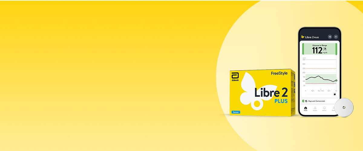 FreeStyle Libre 2 Plus sensor, product packaging, and Libre app screen