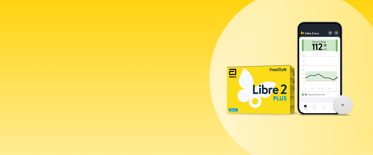 FreeStyle Libre 2 Plus sensor, product packaging, and Libre app screen