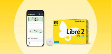 FreeStyle Libre 2 Plus sensor, product packaging, and Libre app screen