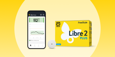 FreeStyle Libre 2 Plus sensor, product packaging, and Libre app screen